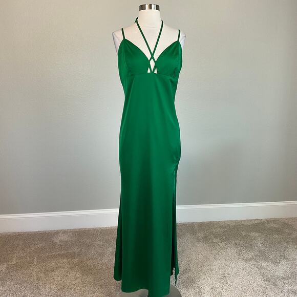 Green Satin Strappy Backless A-Line Midi Cocktail Dress Size 12 XL by AQUA - Picture 3 of 11